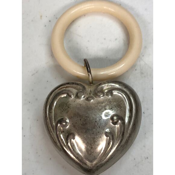 Vintage 1950's Silver Plated Puffy Heart Baby Rattle on Plastic Ring - Picture 2 of 4
